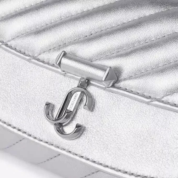Curve Wallet with Chain Silver Quilted Metallic Nappa Leather Wallet with Chain