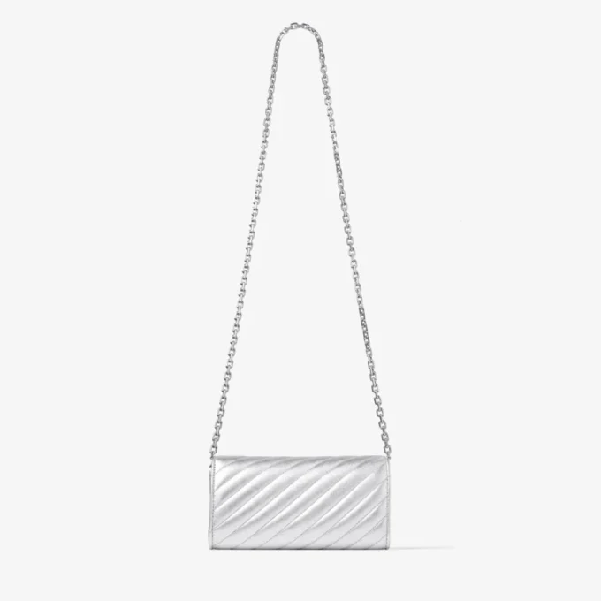 Curve Wallet with Chain Silver Quilted Metallic Nappa Leather Wallet with Chain