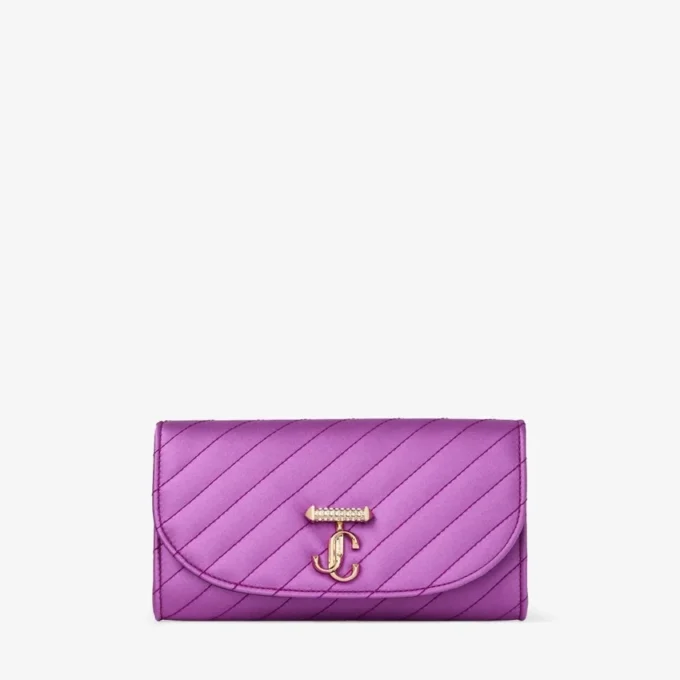 Curve Wallet with Chain Violet Orchid Quilted Satin Wallet Chain with Crystal Jc Bar