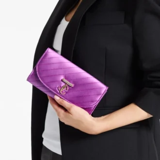 Curve Wallet with Chain Violet Orchid Quilted Satin Wallet Chain with Crystal Jc Bar