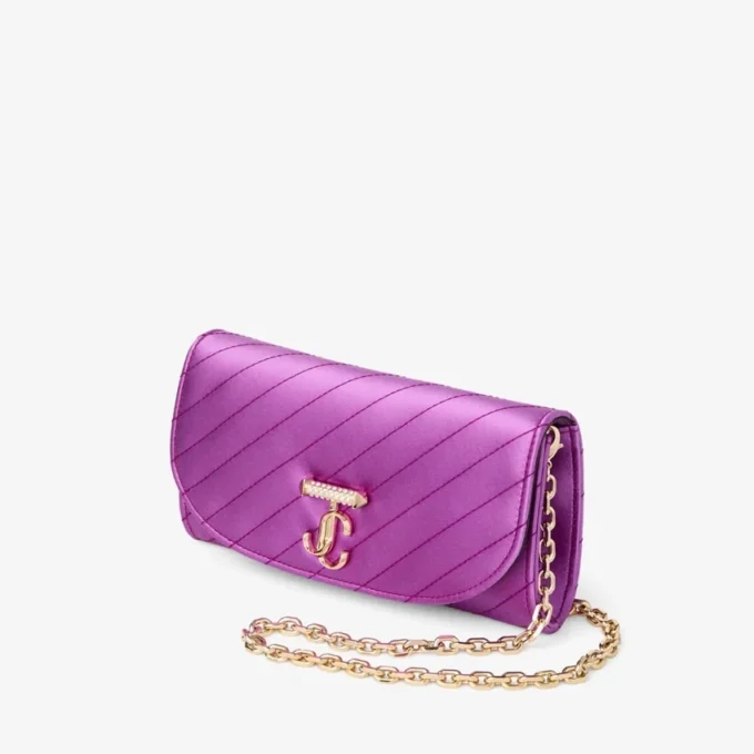 Curve Wallet with Chain Violet Orchid Quilted Satin Wallet Chain with Crystal Jc Bar