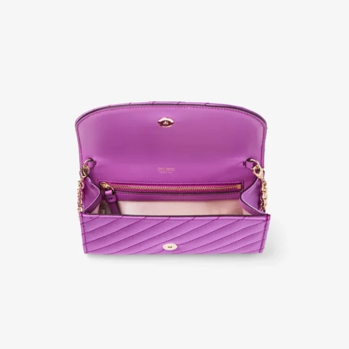 Curve Wallet with Chain Violet Orchid Quilted Satin Wallet Chain with Crystal Jc Bar