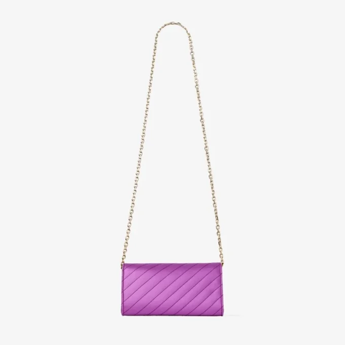 Curve Wallet with Chain Violet Orchid Quilted Satin Wallet Chain with Crystal Jc Bar