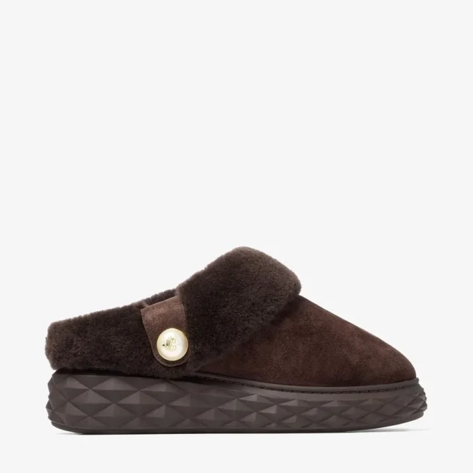 Diamond Maxi Mule F Chocolate Suede Mules with Shearling