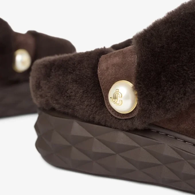 Diamond Maxi Mule F Chocolate Suede Mules with Shearling