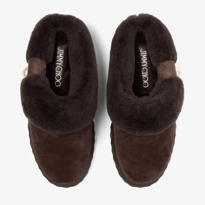 Diamond Maxi Mule F Chocolate Suede Mules with Shearling