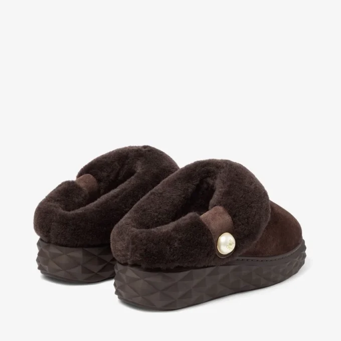 Diamond Maxi Mule F Chocolate Suede Mules with Shearling