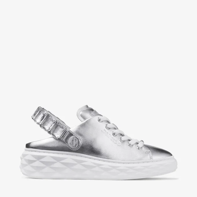 Diamond Sling Silver Metallic Leather Slipper Trainers with Crystal Strap