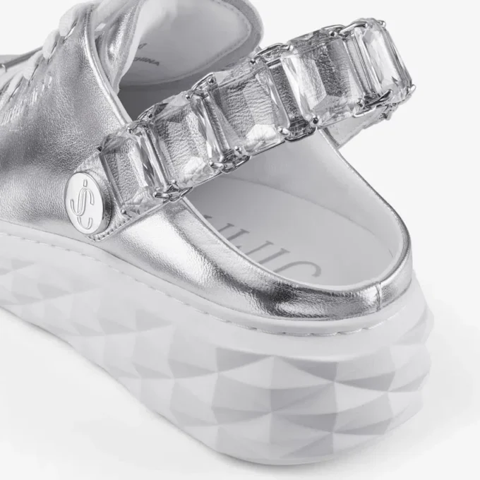 Diamond Sling Silver Metallic Leather Slipper Trainers with Crystal Strap