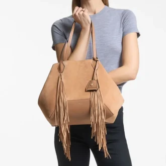 Diamond Tote Medium Toffee Suede Tote Bag with Fringes