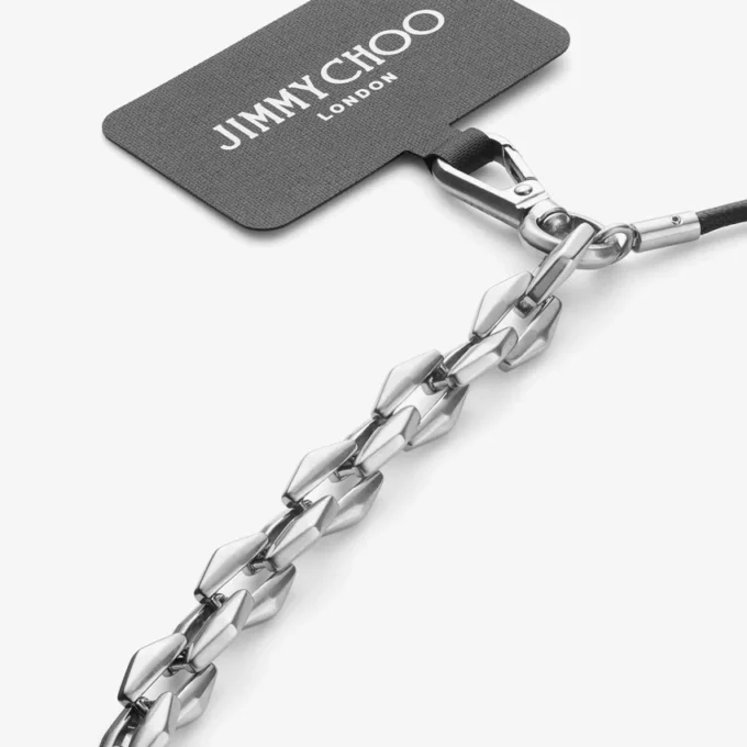 Dm Strap Phone Holder Black Leather Phone Holder with Chain and Diamond Detail
