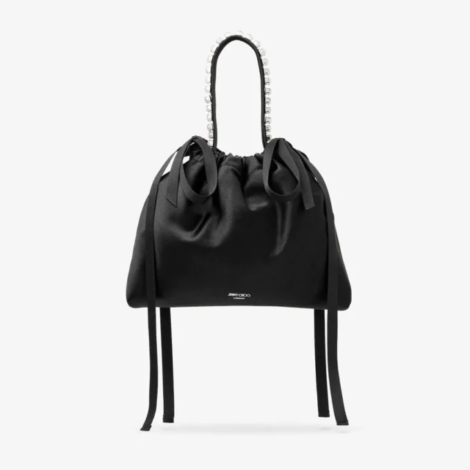 Drawstring Mini Top Handle Black Satin Mini Shoulder Bag