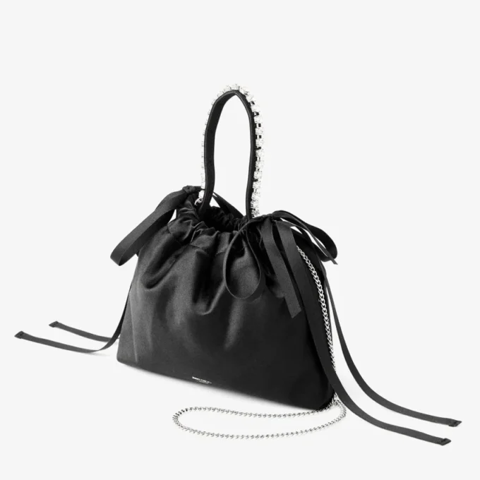Drawstring Mini Top Handle Black Satin Mini Shoulder Bag