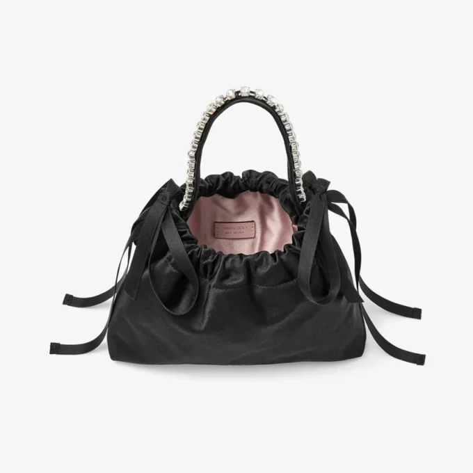 Drawstring Mini Top Handle Black Satin Mini Shoulder Bag