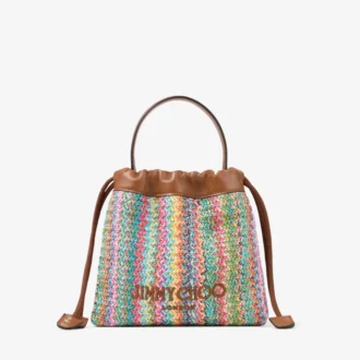Drawstring Pouch Top Handle Multi and Tan Chevron Raffia Drawstring Pouch with Leather Trim