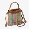 Drawstring Pouch Top Handle Multi and Tan Chevron Raffia Drawstring Pouch with Leather Trim