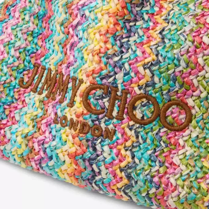 Drawstring Pouch Top Handle Multi and Tan Chevron Raffia Drawstring Pouch with Leather Trim