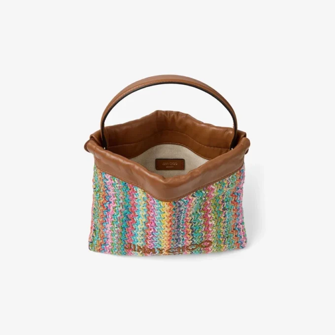 Drawstring Pouch Top Handle Multi and Tan Chevron Raffia Drawstring Pouch with Leather Trim