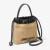 Drawstring Pouch Top Handle Natural and Black Soft Raffia Drawstring Pouch with Leather Trim