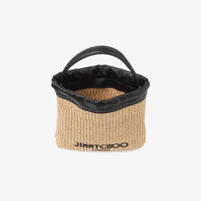 Drawstring Pouch Top Handle Natural and Black Soft Raffia Drawstring Pouch with Leather Trim