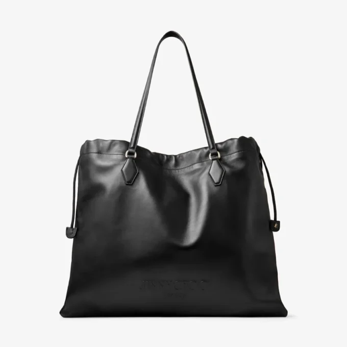 Drawstring Tote Large Black Nappa Leather Drawstring Tote with Embossed Jimmy Choo