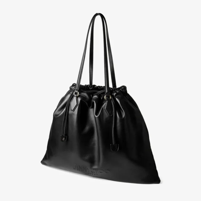 Drawstring Tote Large Black Nappa Leather Drawstring Tote with Embossed Jimmy Choo