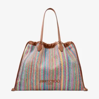 Drawstring Tote Large Multi and Tan Chevron Raffia Drawstring Tote Bag with Leather Trim