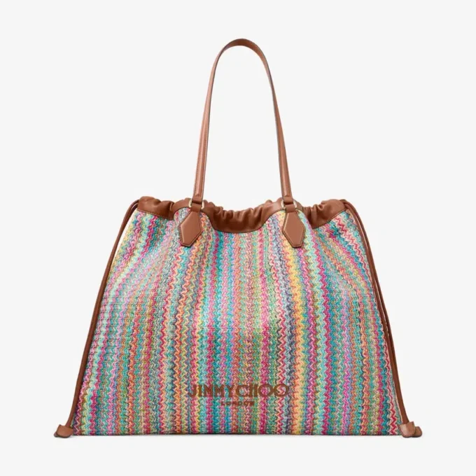 Drawstring Tote Large Multi and Tan Chevron Raffia Drawstring Tote Bag with Leather Trim
