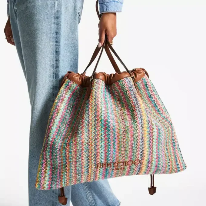Drawstring Tote Large Multi and Tan Chevron Raffia Drawstring Tote Bag with Leather Trim