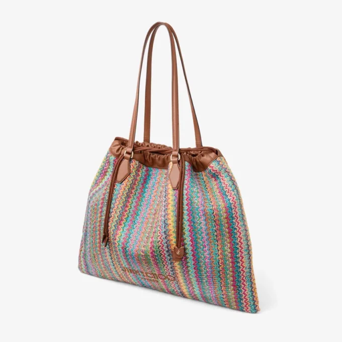 Drawstring Tote Large Multi and Tan Chevron Raffia Drawstring Tote Bag with Leather Trim