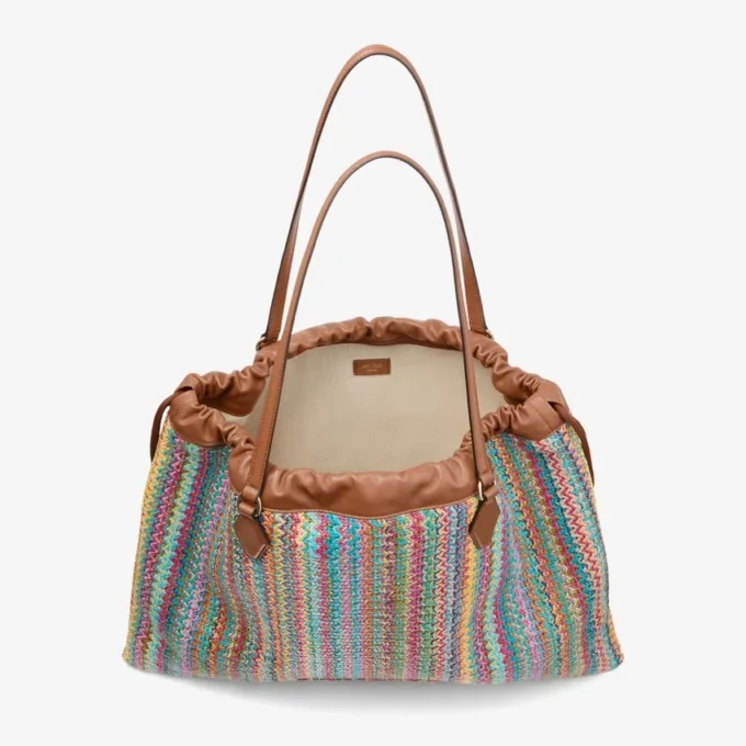 Drawstring Tote Large Multi and Tan Chevron Raffia Drawstring Tote Bag with Leather Trim