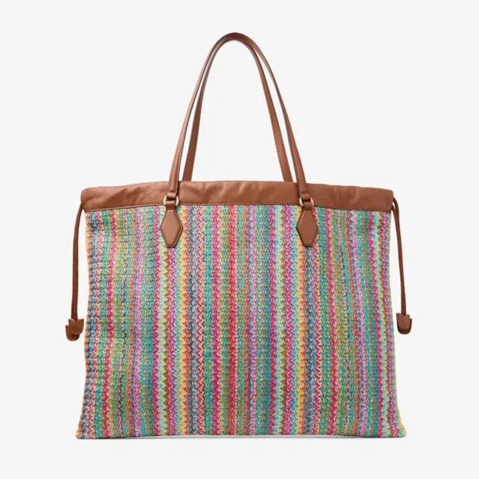 Drawstring Tote Large Multi and Tan Chevron Raffia Drawstring Tote Bag with Leather Trim