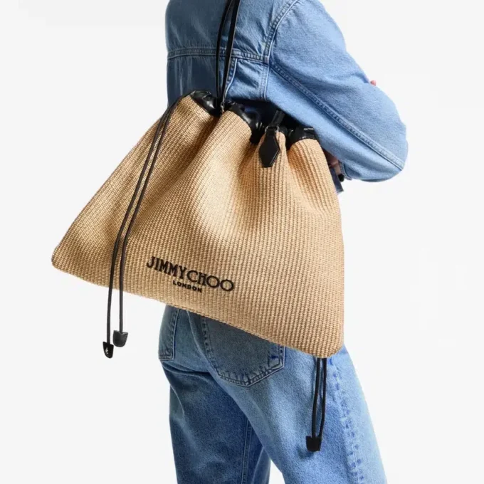 Drawstring Tote Large Natural Soft Raffia Tote Bag with Smooth Calf Leather Trims