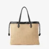 Drawstring Tote Large Natural Soft Raffia Tote Bag with Smooth Calf Leather Trims