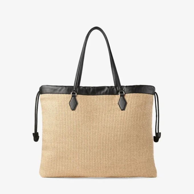 Drawstring Tote Large Natural Soft Raffia Tote Bag with Smooth Calf Leather Trims