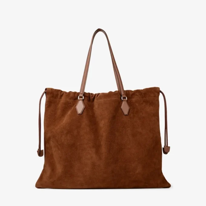 Drawstring Tote Large Tan Suede and Smooth Calf Leather Tote with Jimmy Choo Logo