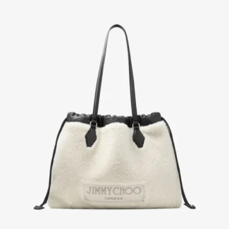Drawstring Tote Medium Natural Shearling Drawstring Tote with Leather Trims