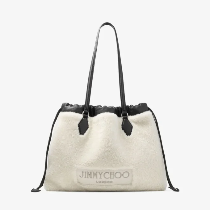 Drawstring Tote Medium Natural Shearling Drawstring Tote with Leather Trims