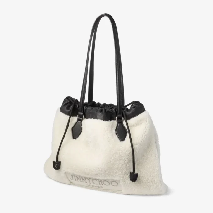 Drawstring Tote Medium Natural Shearling Drawstring Tote with Leather Trims