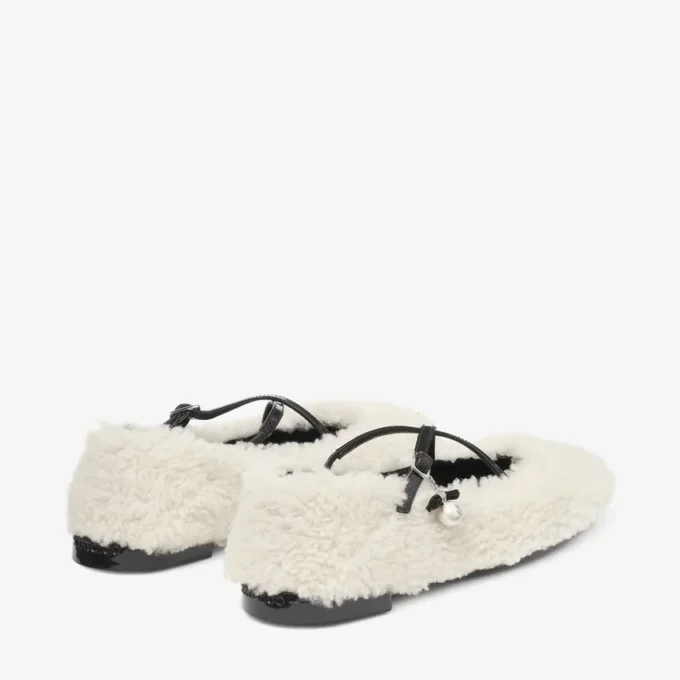 Eleri Ballerina Natural Shearling Ballerina Pumps with Pearl Charm