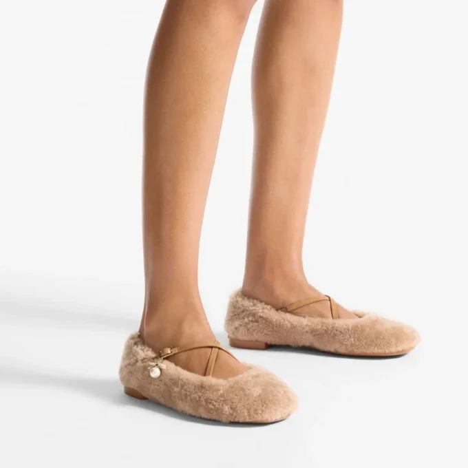 Eleri Ballerina Toffee Shearling Ballerina Pumps with Pearl Charm