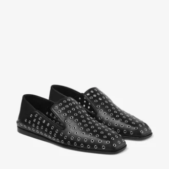 Eliot Slipper Black Metallic Nappa Leather Slippers with Eyelets