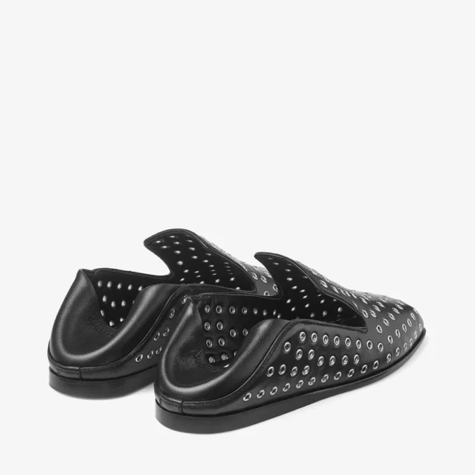 Eliot Slipper Black Metallic Nappa Leather Slippers with Eyelets