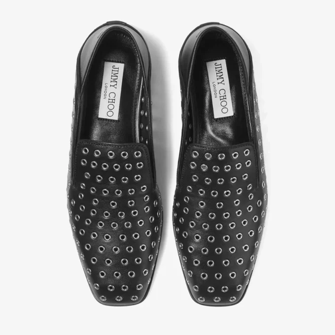 Eliot Slipper Black Metallic Nappa Leather Slippers with Eyelets