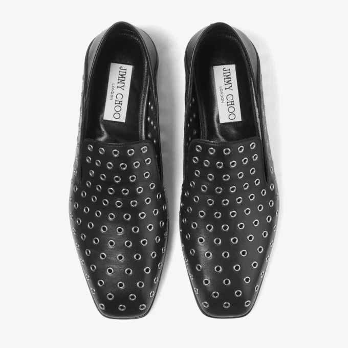 Eliot Slipper Men’s Black Metallic Nappa Leather Slippers with Eyelets