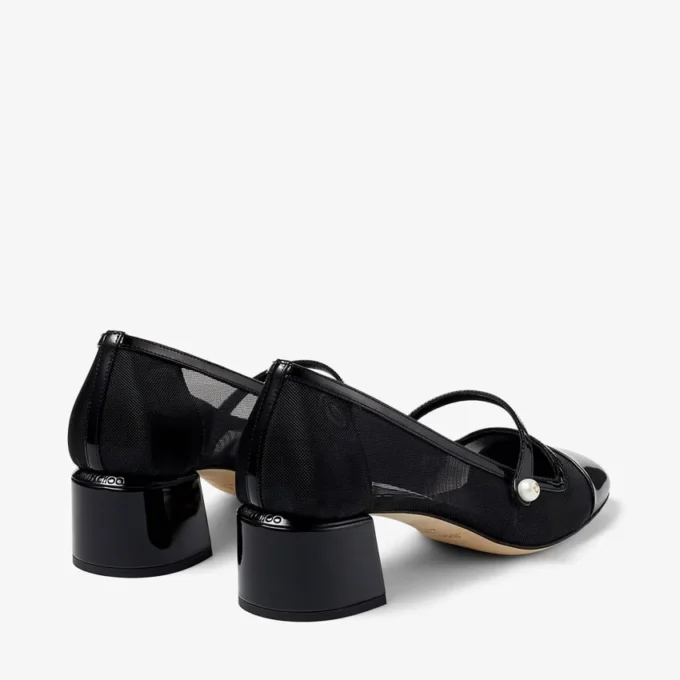 Elisa 45 Black Patent and Mesh Pumps