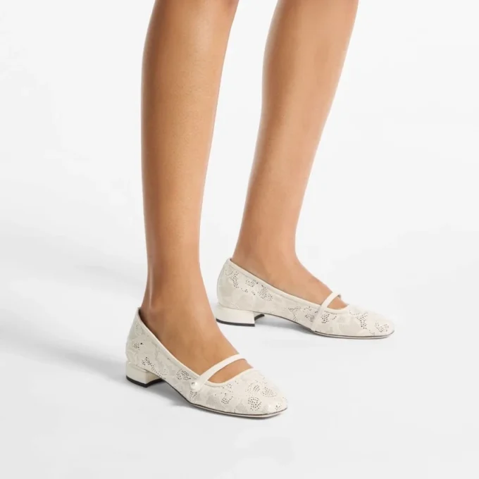 Elisa Ballerina Latte Jimmy Choo Perforated Nappa Lace Ballerina Pumps