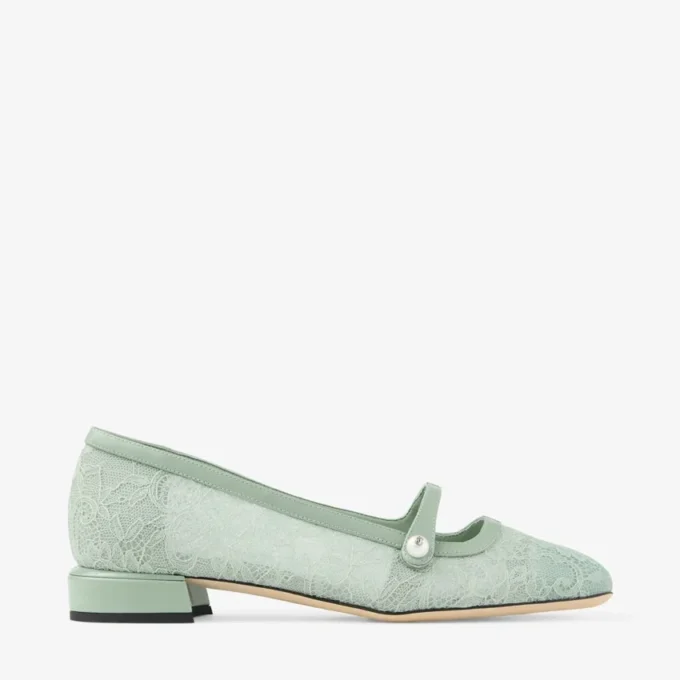 Elisa Ballerina Verde Jimmy Choo Lace and Spazzolato Ballerina Pumps