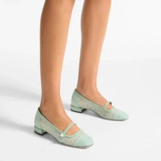 Elisa Ballerina Verde Jimmy Choo Lace and Spazzolato Ballerina Pumps