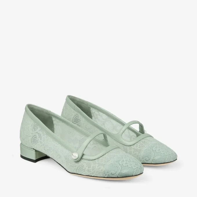 Elisa Ballerina Verde Jimmy Choo Lace and Spazzolato Ballerina Pumps